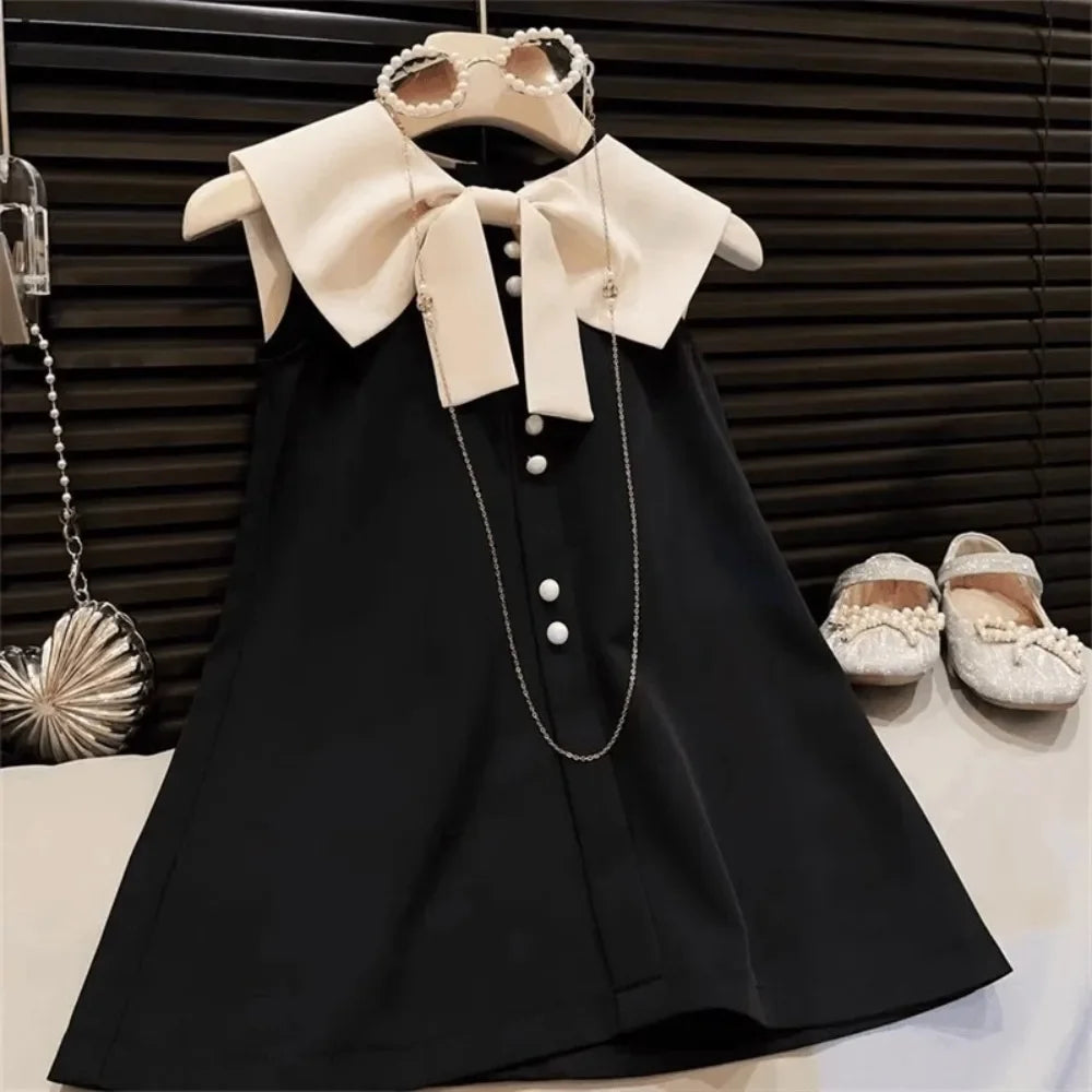 Korean Version Black Sleeveless Kids Clothes Summer New Bow Decoration Girls Dress Birthday Party Princess Dresses 2-7 Years Old - Clikcy