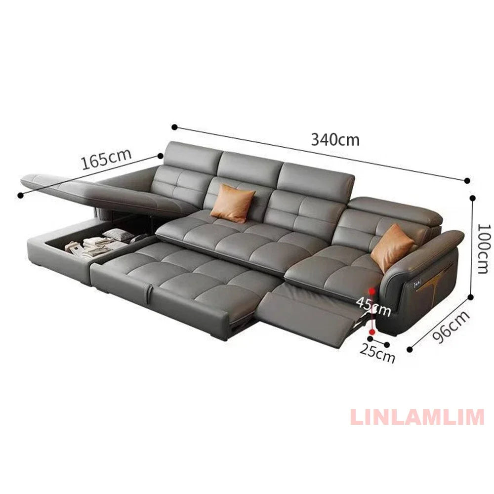 Modern Electric Recliner Sofa Bed with Adjustable Backrest, L-Shaped Multifunctional Italian Genuine Leather Sectional Couch - Clikcy