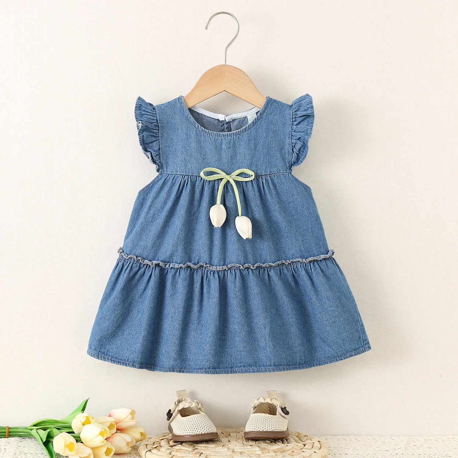 2025 Baby Girls Summer Dress Denim Children Tulip Love Bow Casual Clothes Cotton Soft and Comfort for Kids 1-4 year - Clikcy