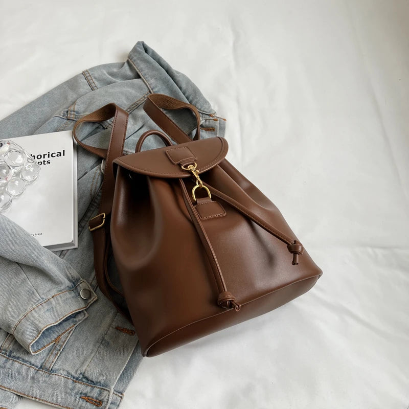 Genuine PU Leather Backpack Female Large Capacity Casual School Bag Solid Drawstring Travel Shoulder Bag Korean Fashion Backpack - Clikcy