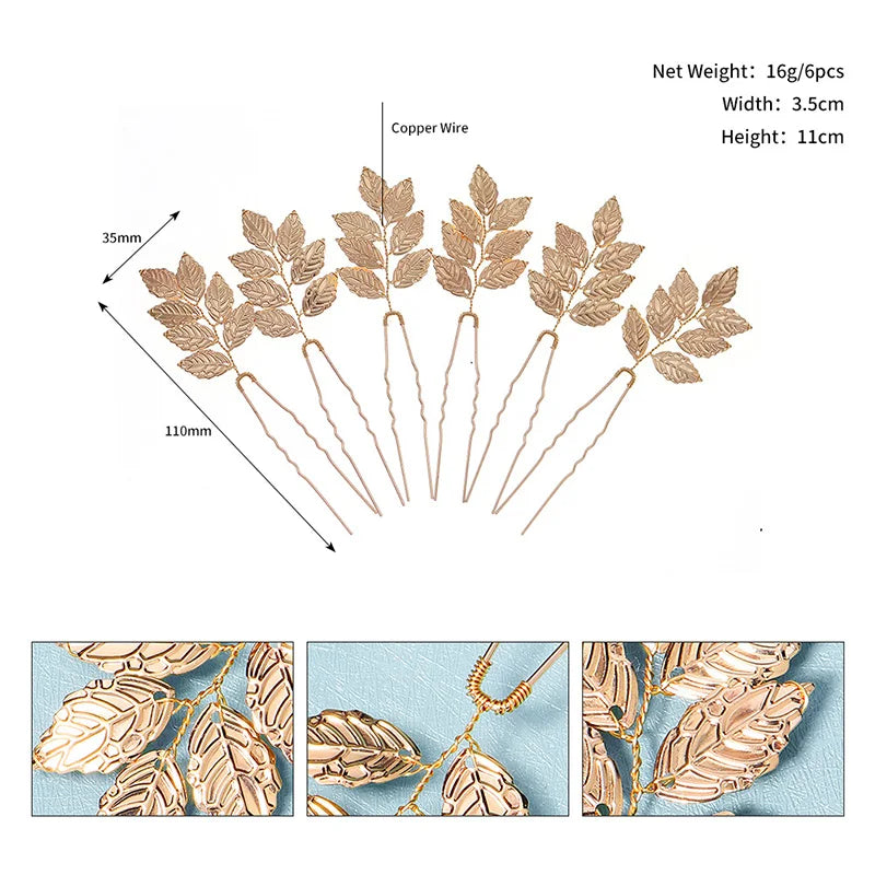 6PCS Gold Leaf Metal Hairpin Fashion Bridal Headdress Hair Accessories Rhinestone Crystal Hair Clips For Women Holiday Gift - Clikcy