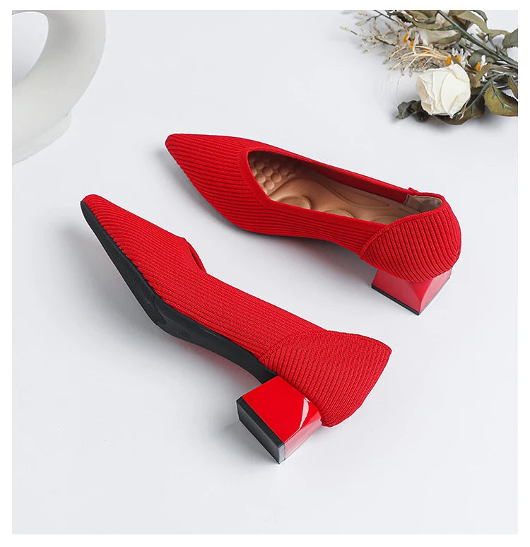 Women's large high-heeled shoes Multicolor pointy knit breathable comfortable anti-skid rubber sole work shoes 2023 new autumn