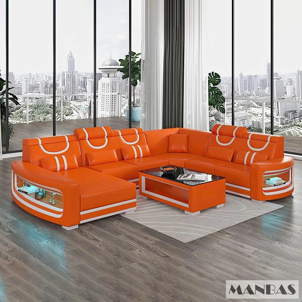 Upgrade Your Living Room with MANBAS Italian Genuine Leather Sofa - 2 Colors Combination, LED Light & Soft Cushions - Clikcy