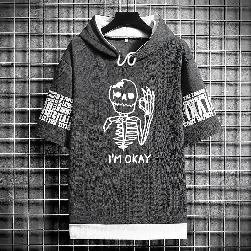 2024 Summer Men Clothing Men's Sweatshirts Korean Fashion Harajuku Short Sleeve Hoodies Men Streetwear Print Skulls Hoodies Men - Clikcy