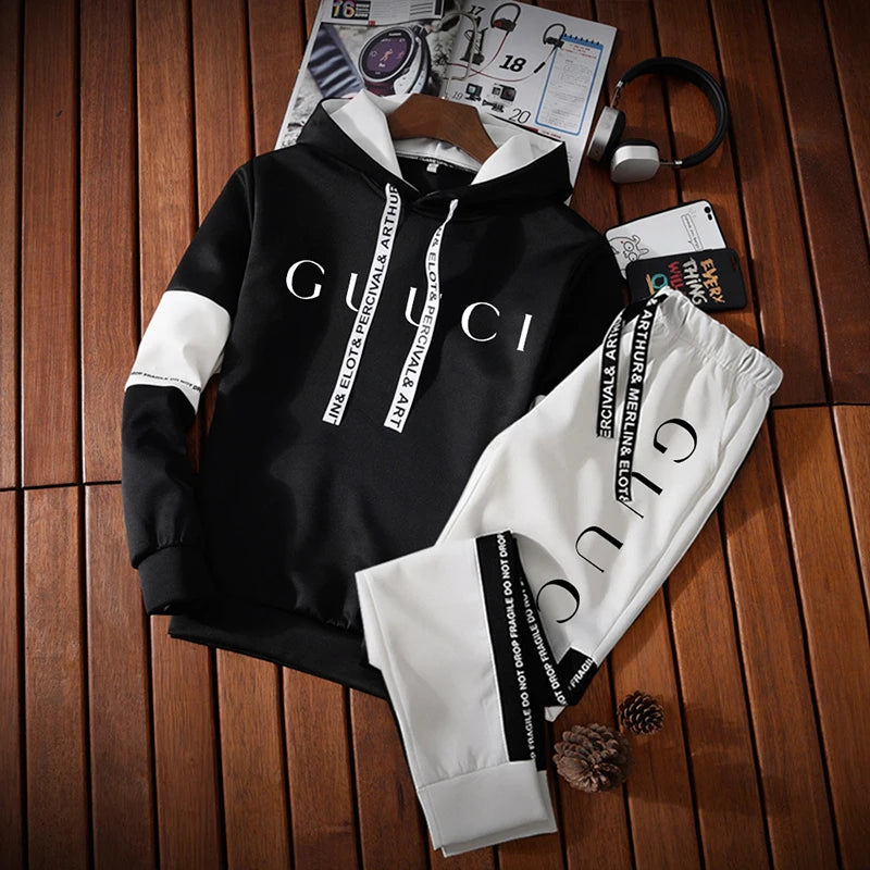 Hot Sale Mens Tracksuit Trend Print Hooded Sweatshirts 2pcs Set Casual Sports Jogging Suit Versatile BlackWhite Streetwear Woman - Clikcy
