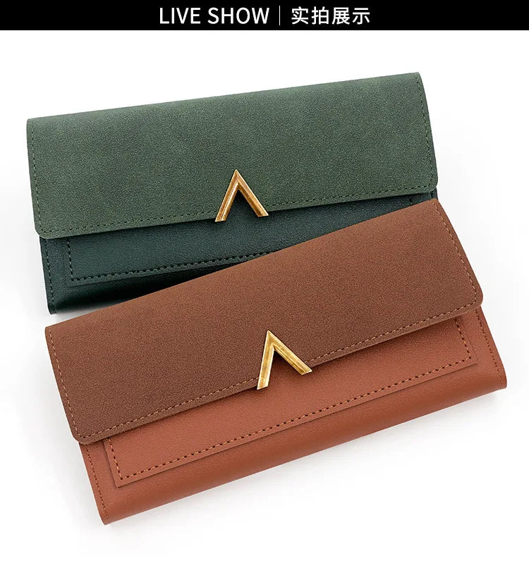 New Korean version women's wallet long V-shaped buckle three fold wallet for women, hand-held bag, change card bag - Clikcy