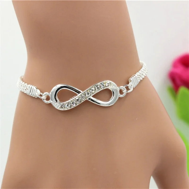 Vintage Set Silver Color Crystal Rhinestone Heart Bracelets for Women Fashion Geometric Adjustable Infinity Cuff Bangle Jewelry - Clikcy
