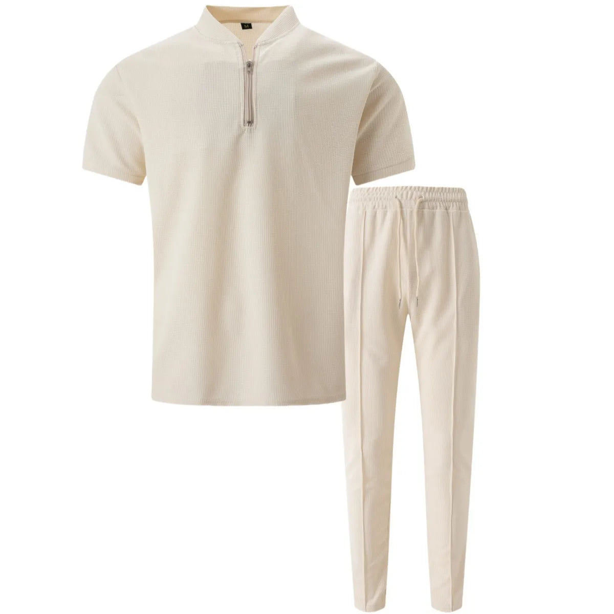 2025 Men's new waffle collar small zipper solid color polo shirt top men's T-shirt short sleeve trousers two sets - Clikcy