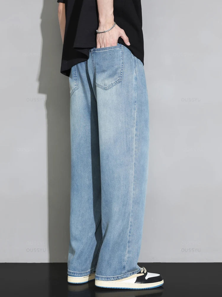 Summer High Quality Cozy Soft 100%Lyocell Fabric Jeans Men Elastic Waist Denim Trousers Korea Loose Straight Blue Casual Pants - Clikcy