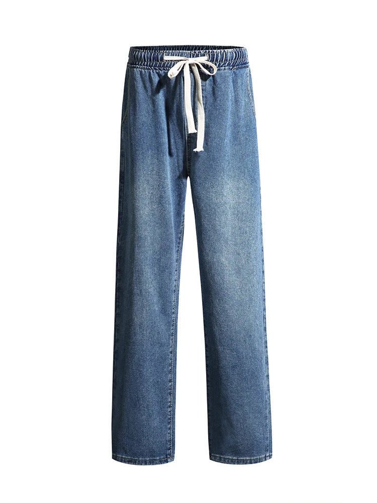 Men's Spring Summer Semi-Wide Leg Jeans Korean Fashion Washed Cotton Casual Denim Pants Black Blue Straight Trousers - Clikcy