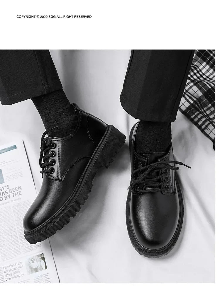 Casual Men's Pure Black Lace-up Height-increasing Business-style Low-heeled, Comfortable and Durable Small Leather Shoes