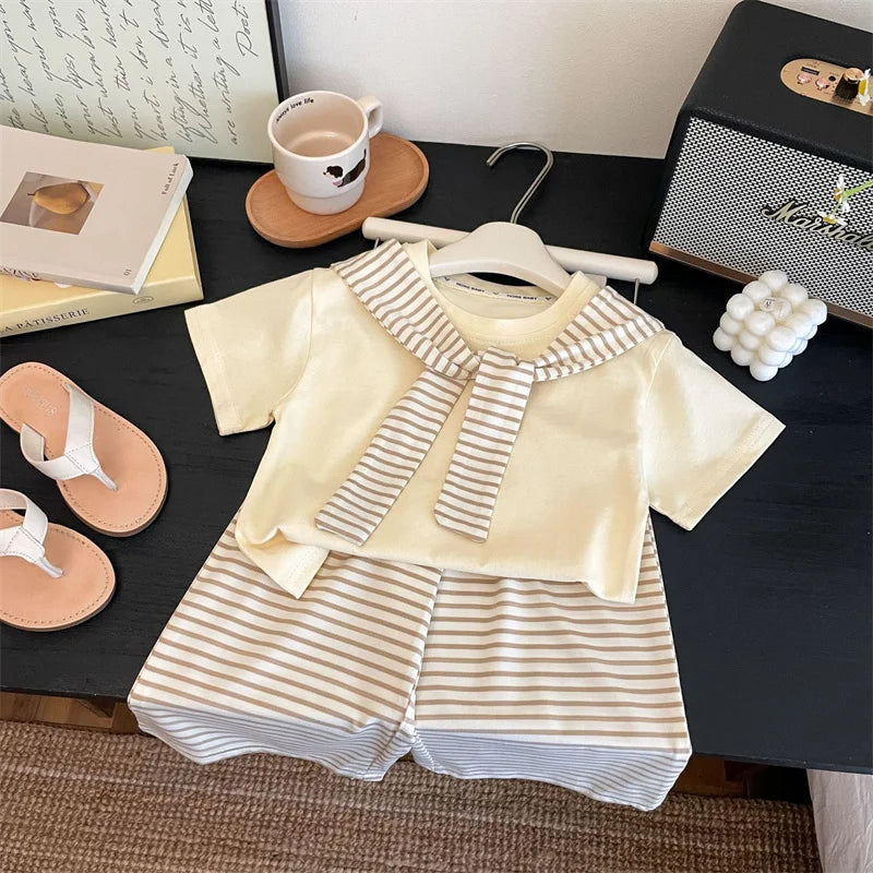 Girls Suit Summer Short-sleeved T-shirt With Stripes Shawls+Pants 2Pcs Outfits Kids Casual Clothes Children's Fashion Sets 1-12Y - Clikcy