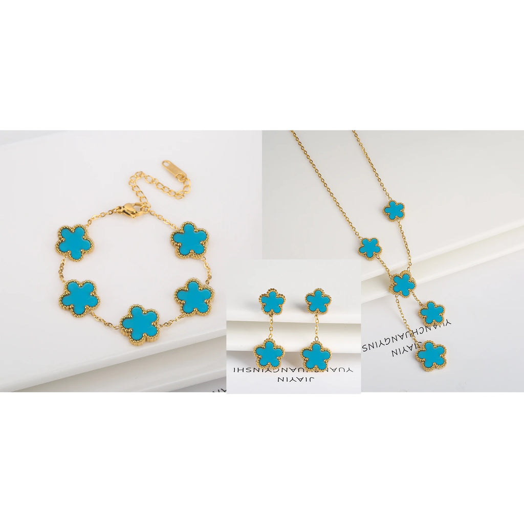 3Pcs 18k Gold-Plated Five-Leaf Flower Necklace Earrings Bracelet Jewelry Set For Woman Fashion Party Jewelry Daily Wear Clover - Clikcy