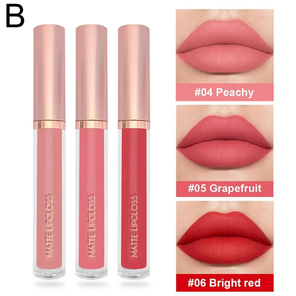 3Pcs Matte Liquid Lipstick Lip Makeup Kit Lip Gloss Lip Glaze Lip Mud Three Sets Of Velvet Mist Lipstick Non-fading - Clikcy