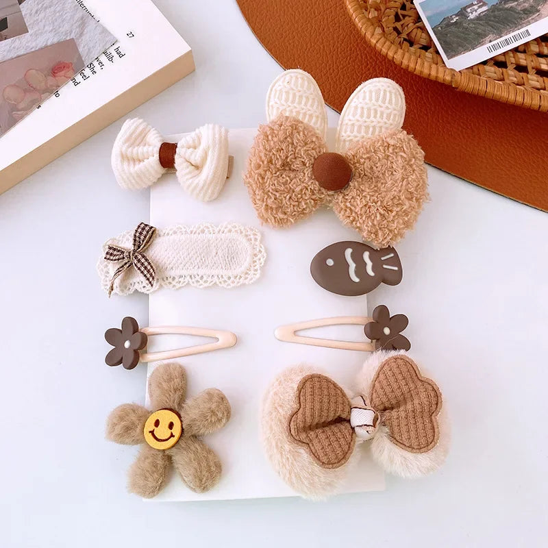8pcs/set Sweet Girl Hair Clip Cartoon Bear Floral Bowknot Hair Pin for Toddler Girls Lovely Beige Coffee Color Kid baby Headwear - Clikcy