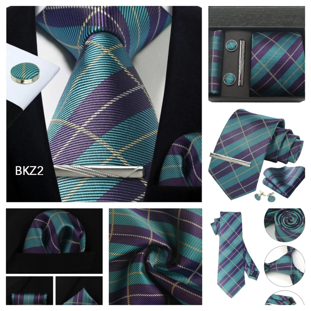 Classic 100% Silk Men's Ties In Gift box 8cm Plaid Dot Striped Business Necktie Handkerchief Cufflinks Wedding Party Tie Set - Clikcy