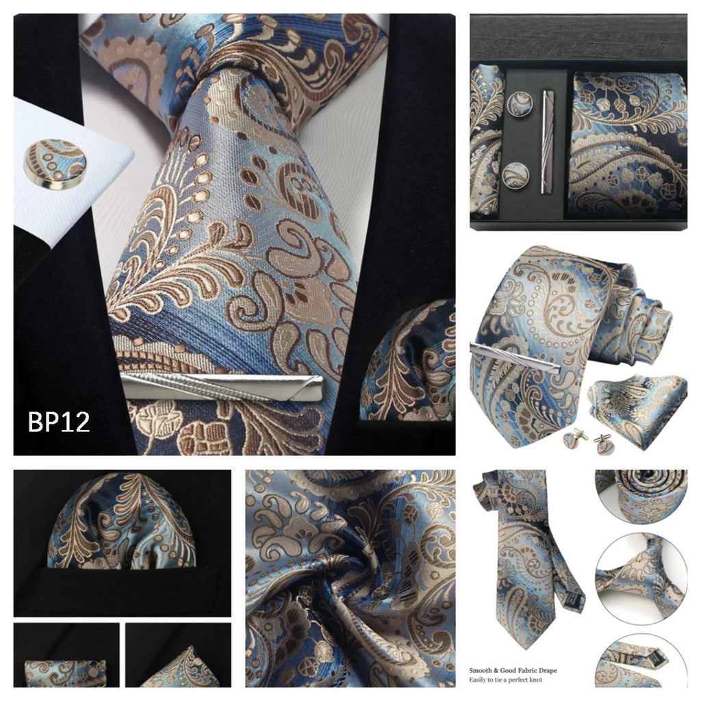 100% Silk Necktie Paisley Floral Mens Tie Top Quality Business Tie Pocket Square Tie Clip Cufflinks Set Classic For Men Gift Box - Clikcy