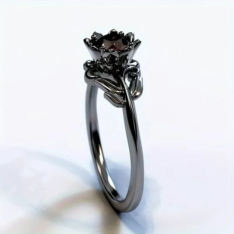 LATS Black Color Flower Red Stone Rings for Women Charm Jewelry Accessories Rose Ring Party Gift - Clikcy