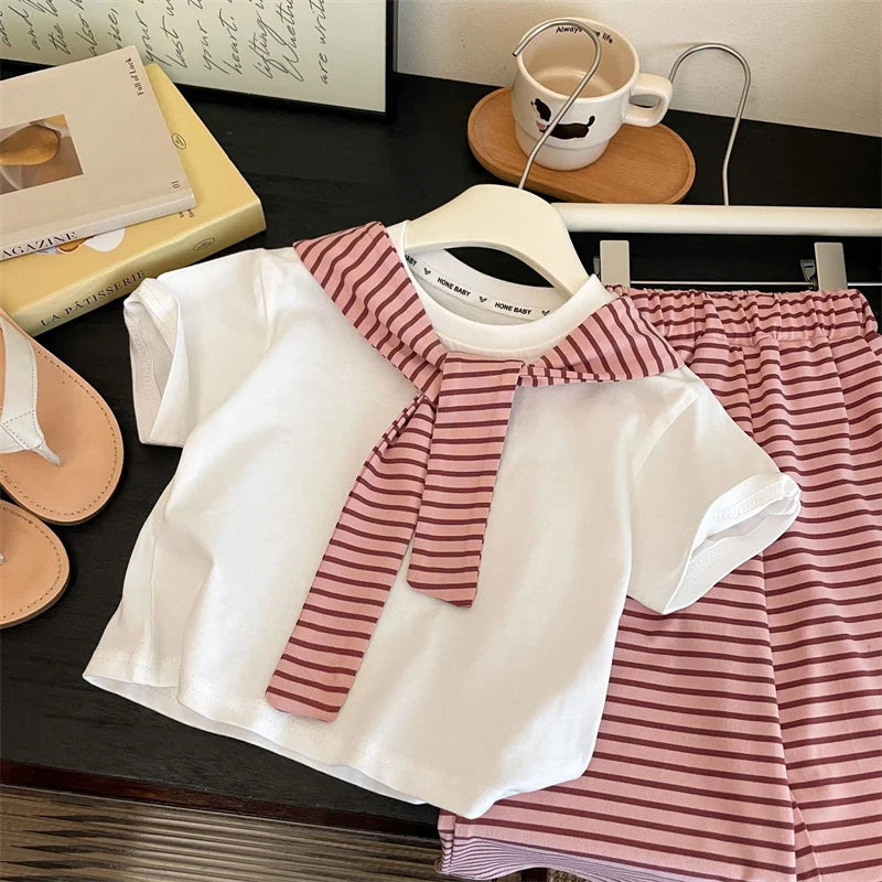 Girls Suit Summer Short-sleeved T-shirt With Stripes Shawls+Pants 2Pcs Outfits Kids Casual Clothes Children's Fashion Sets 1-12Y - Clikcy