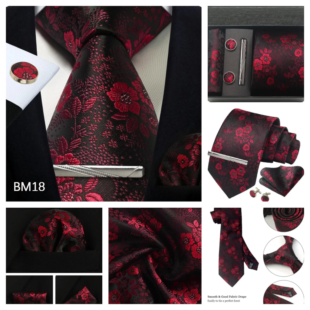100% Silk Necktie Paisley Floral Mens Tie Top Quality Business Tie Pocket Square Tie Clip Cufflinks Set Classic For Men Gift Box - Clikcy