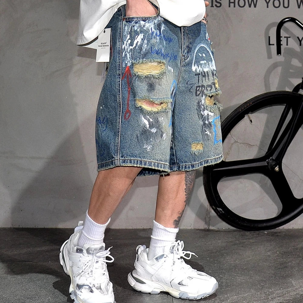 Mens Summer Ripped Distressed Denim Shorts 5 Inch Korean Style Streetwear Hip Hop Graffiti Skate Trendy Mid Blue jorts Male - Clikcy