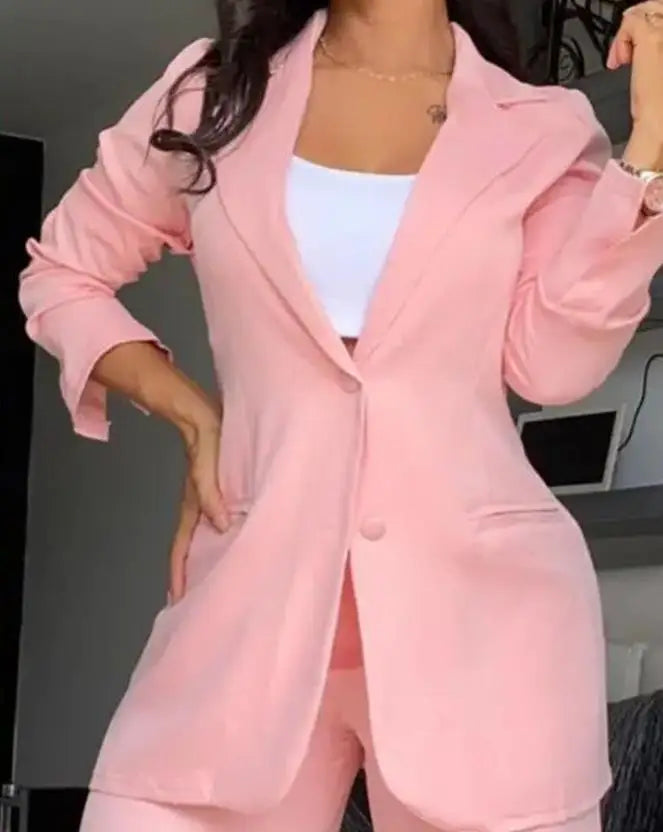 Women's Urban Suits 2024 Spring/Summer Latest Elegant Notched Collar Blazer Long sleeved Coat&Pocket Design Button Pants Set - Clikcy