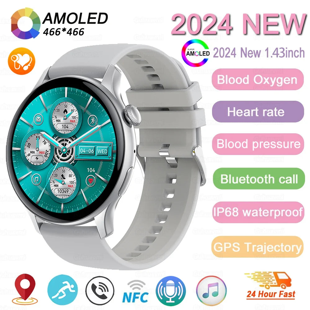 2024 New GPS Smart Watch Women True AMOLED 466*466 HD Screen Health Tracker Sports NFC Voice Bluetooth Call Smartwatches Ladies