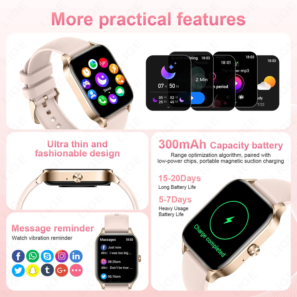 LIGE Fashion Smart Watch Women 1.85” HD Screen Custom Watch Face Women’s Health Monitor Watch Bluetooth Call Sports Smartwatches - Clikcy