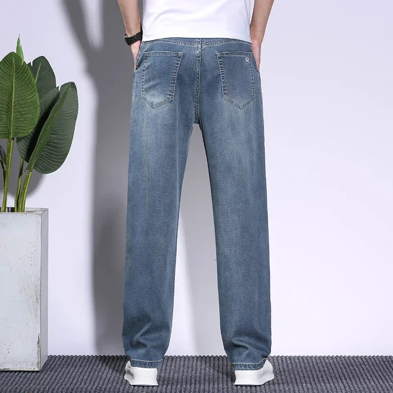 Soft Men's Lyocell Baggy Jeans Thin Summer Breathable Straight Pants Vintage Business Casual Fashion Korea Male Denim Trousers - Clikcy