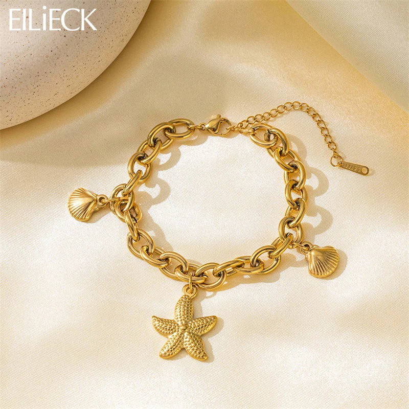 EILIECK 316L Stainless Steel Gold Color Starfish Shells Charm Bracelet For Women New Trendy Wrist Chain Jewelry Holiday Gifts - Clikcy