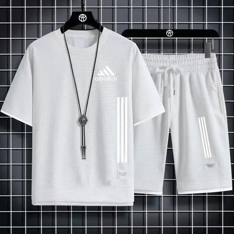 Adida 2024 Man New Tracksuits 2 Piece Short Sleeve Suits Printing T-shirt +Sweatpants Sets Sutdent Casual Summer Sport Clothes - Clikcy