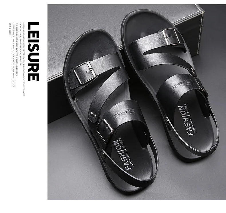 Simple Men's Sandals Solid Color PU Leather Men's Summer Shoes Casual Comfortable Open Toe Sandals Soft Beach Shoes Men's Sandal - Clikcy