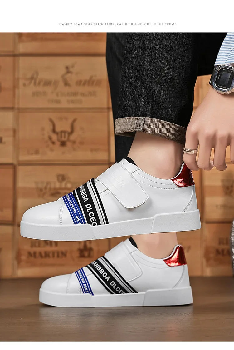 Original Design Leather Sneakers Men Trendy HOOK&LOOP Non-slip Men's Skateboard Shoes Fashion White Casual Sports Shoes For Men - Clikcy
