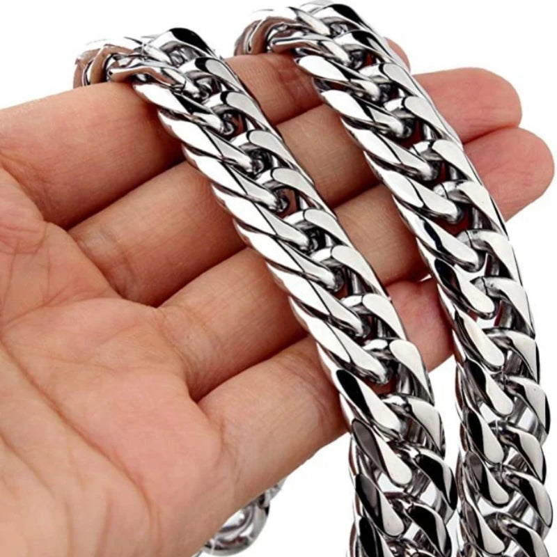 HNSP Stainless Steel Cuban Chain Necklace Bracelet For Men Neck Silver Color 8MM-14MM Thick Long Hand Chains Male Gift - Clikcy