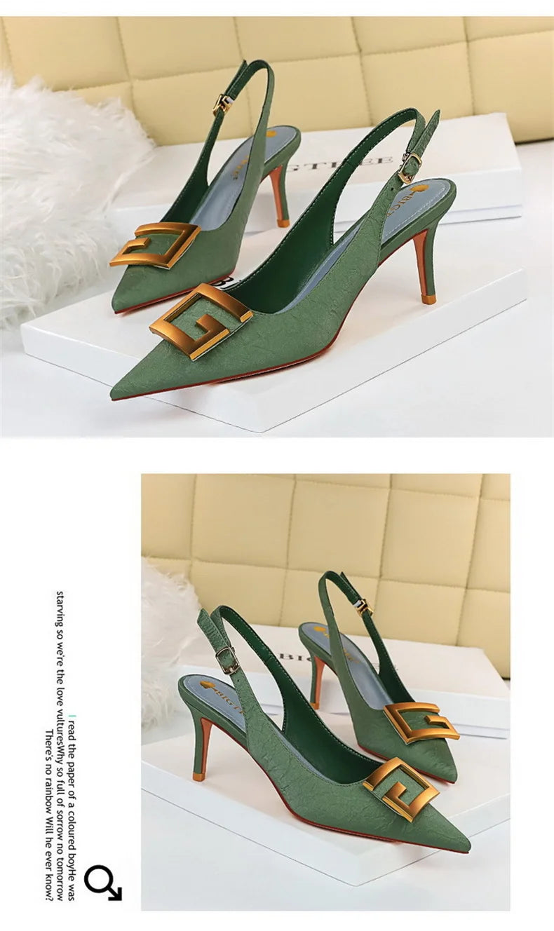 Metal Square Buckle Thin Heel Party Shoes Black Green White Woman Pointed Toe Hollow Back Strap Pumps Middle Heel Sandals - Clikcy