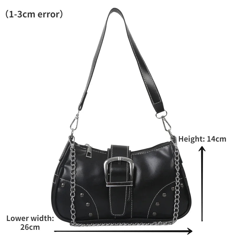 Vintage Rivet Women's Shoulder Bags Solid Color Ladies Underarm Bag Fashion Chain Small Handbags PU Leather Female Tote Purse - Clikcy