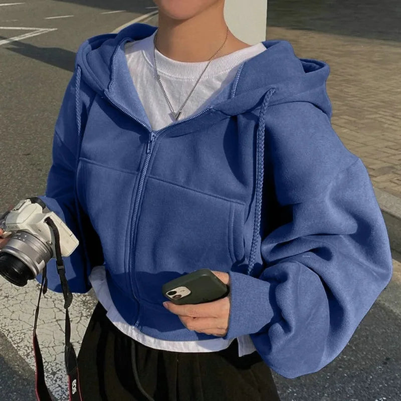 2024 Spring Autumn New Insfleece-lined Versatile Cropped Slims Smooths Silhouette Zip-up Warm Navy Blue Hooded Sweatshirt Women - Clikcy