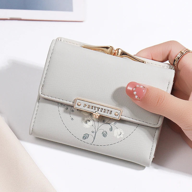 Purse women's summer new Korean PU printed buckle 3 fold bag simple all-in-one short women's money clip multi-card folding flap - Clikcy