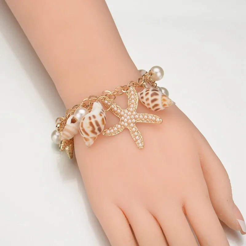Cute Sweet Starfish Shell Conch Bracelet for Women New Personality Fashion Pearl Summer Beach Jewelry Holiday Party Accessories - Clikcy