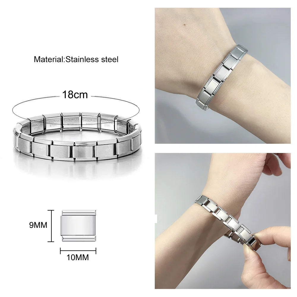 Tide Trendy Silver Color Male Female Hand Chain Italian Stainless Steel Charms Links 9mm Width Women Men Jewelry Bracelets Gifts - Clikcy