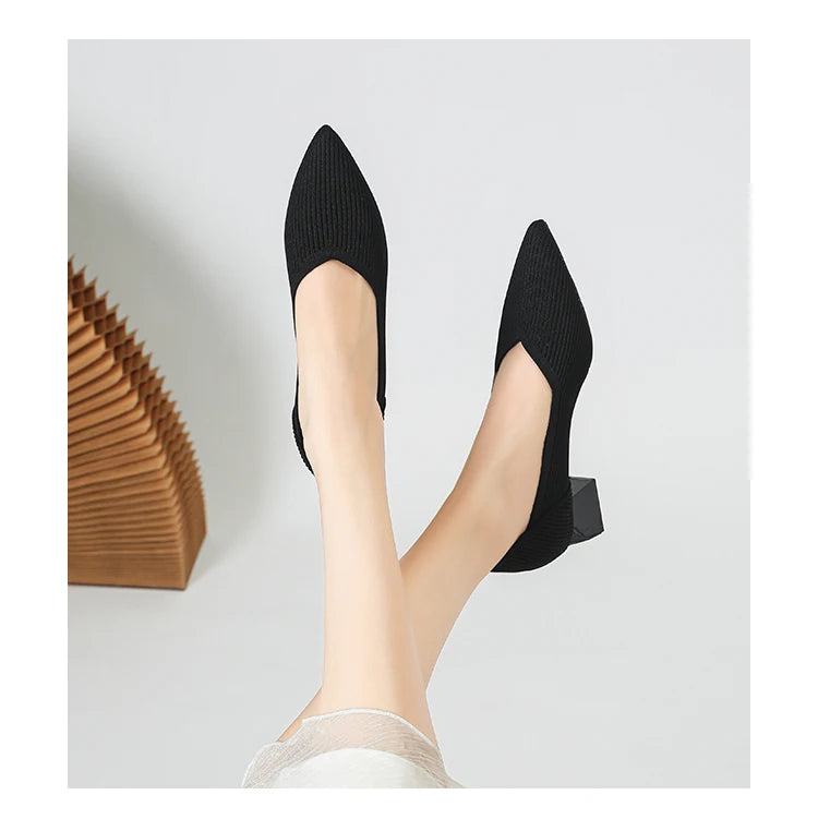 Women's large high-heeled shoes Multicolor pointy knit breathable comfortable anti-skid rubber sole work shoes 2023 new autumn