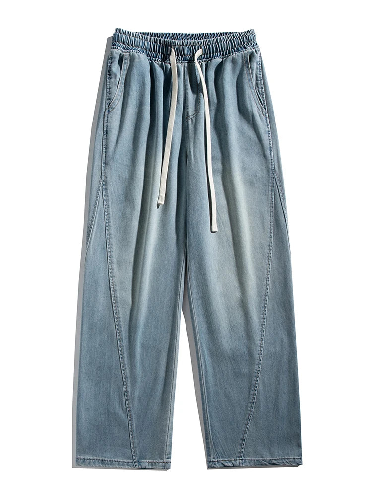 Summer Men's Lightweight Jeans Korean Fashion Breathable Cotton Drawstring Wide-Leg Baggy Denim Pants Straight Jean Trousers - Clikcy