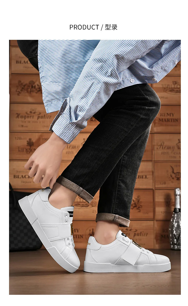 HKDQ Classic Black Sneakers For Men Fashion Design Leather Casual Sneakers Man Street Style Comfortable Men's Skateboard Shoes