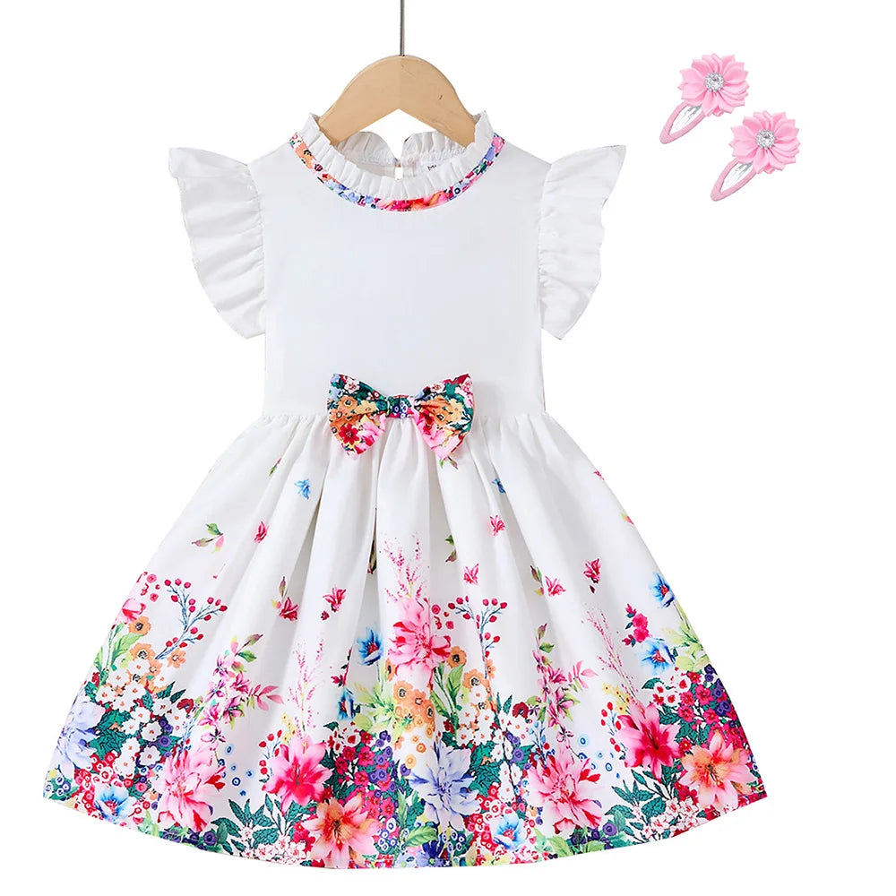 New Kids Girl Dress Summer Floral with Bow Fashion White Vestidos Short Sleeve Children Clothing Outfits Casual Daily Dresses - Clikcy