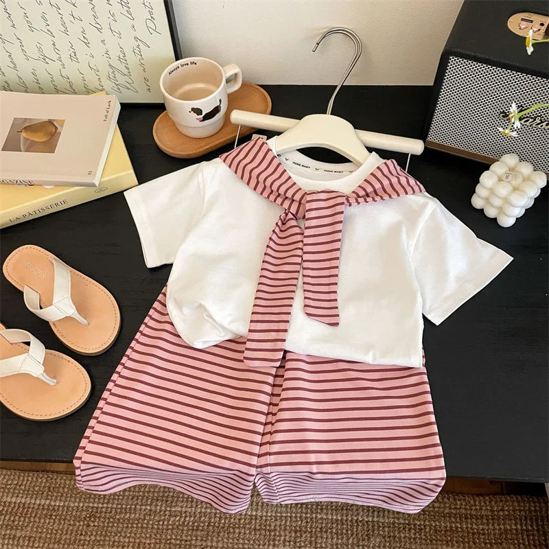 Girls Suit Summer Short-sleeved T-shirt With Stripes Shawls+Pants 2Pcs Outfits Kids Casual Clothes Children's Fashion Sets 1-12Y - Clikcy