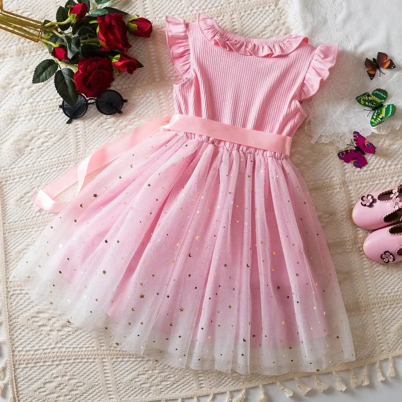 New Children's Dress for 3-8 Yrs Summer Dress Lotus Leaf Edge Design Bow Lace Up Star Sequin Sweet  Tulle Kids Dresses for Girls - Clikcy