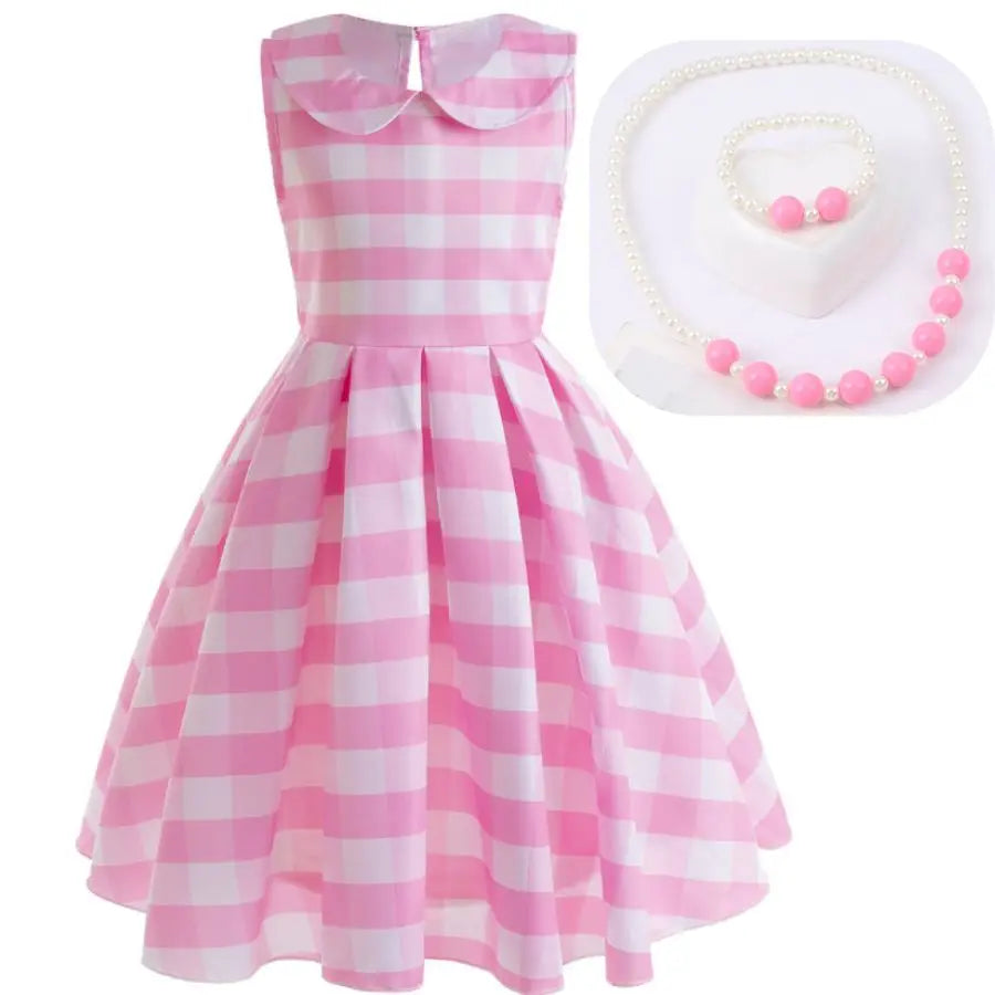 Pink Barbie Dress For Girls Sweet Doll Collar Plaid Cosplay Costumes Sleeveless Dress Fashion Party Clothes Kids New Year Gift - Clikcy