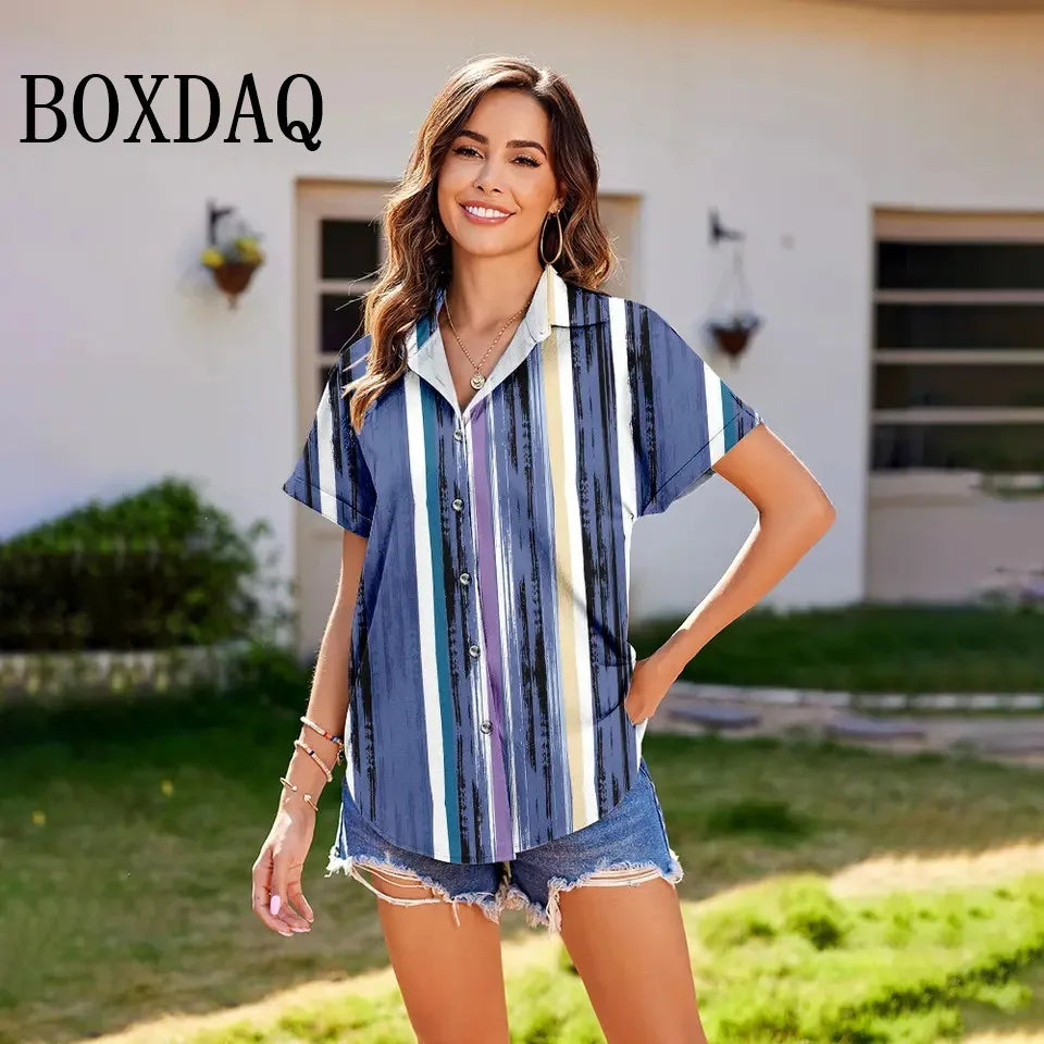 Summer Women'S Shirt Vintage Striped Lapel Blouses Women'S Plus-Size Loose Short Sleeve Tops Fashion Button Casual Blouse Shirt - Clikcy