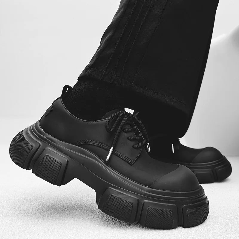 Black Thick Sole Casual Genuine Leather Dress Shoes Men Platform Heighten Japan Harajuku Korean Streetwear Fashion Shoes Man