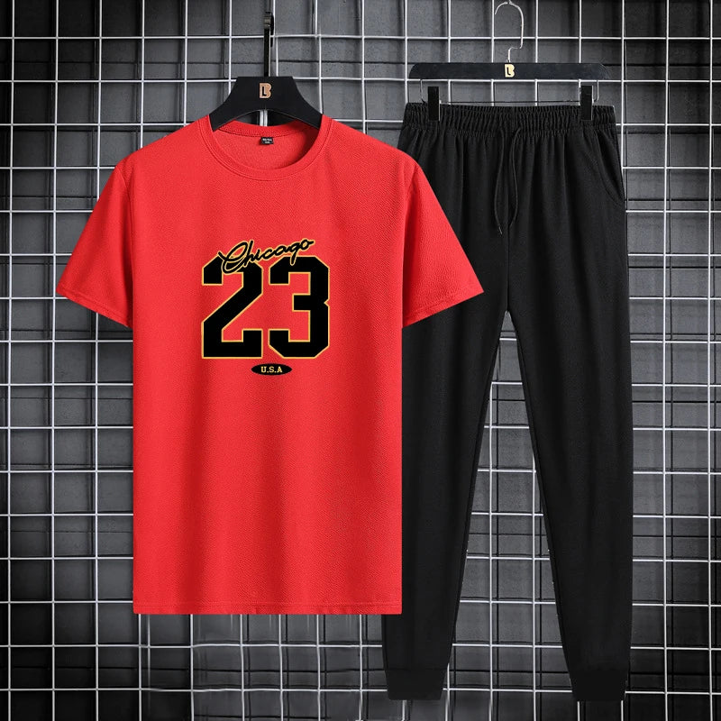 Summer new men's round neck quick drying casual sports fitness breathable short sleeved+shorts set two-piece set - Clikcy